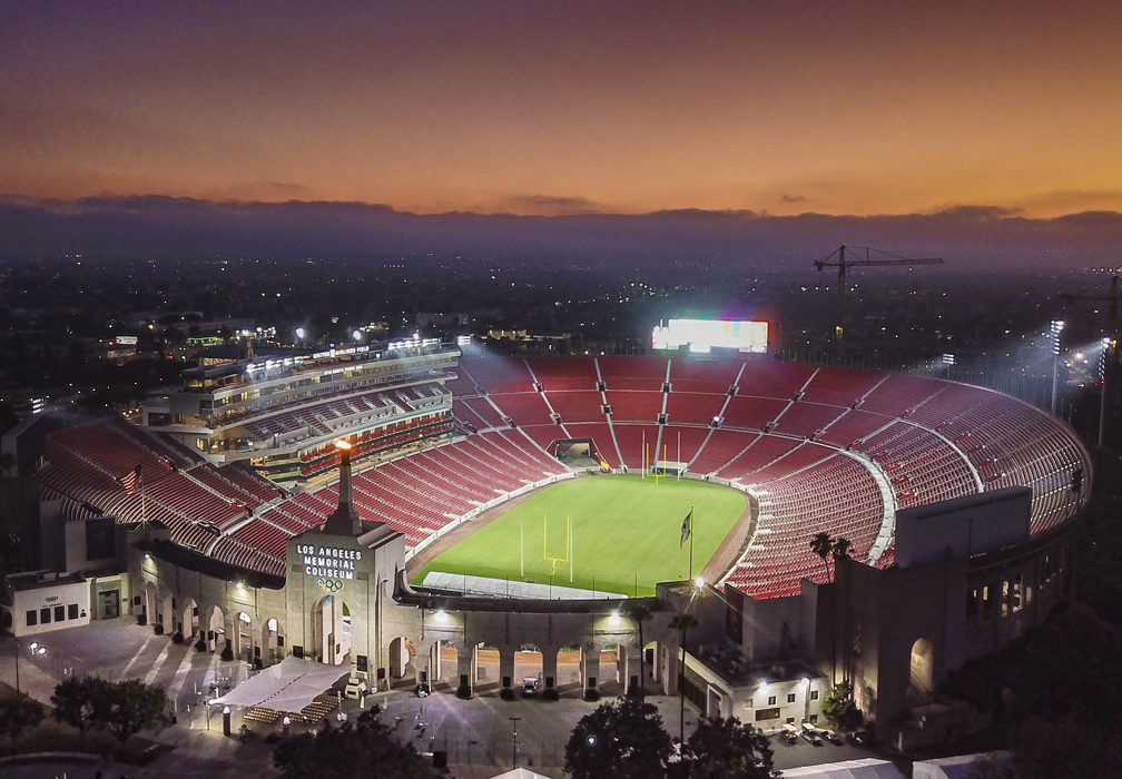 stadium with lights and sunset