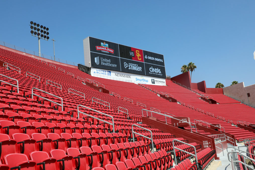 red bleacher stands